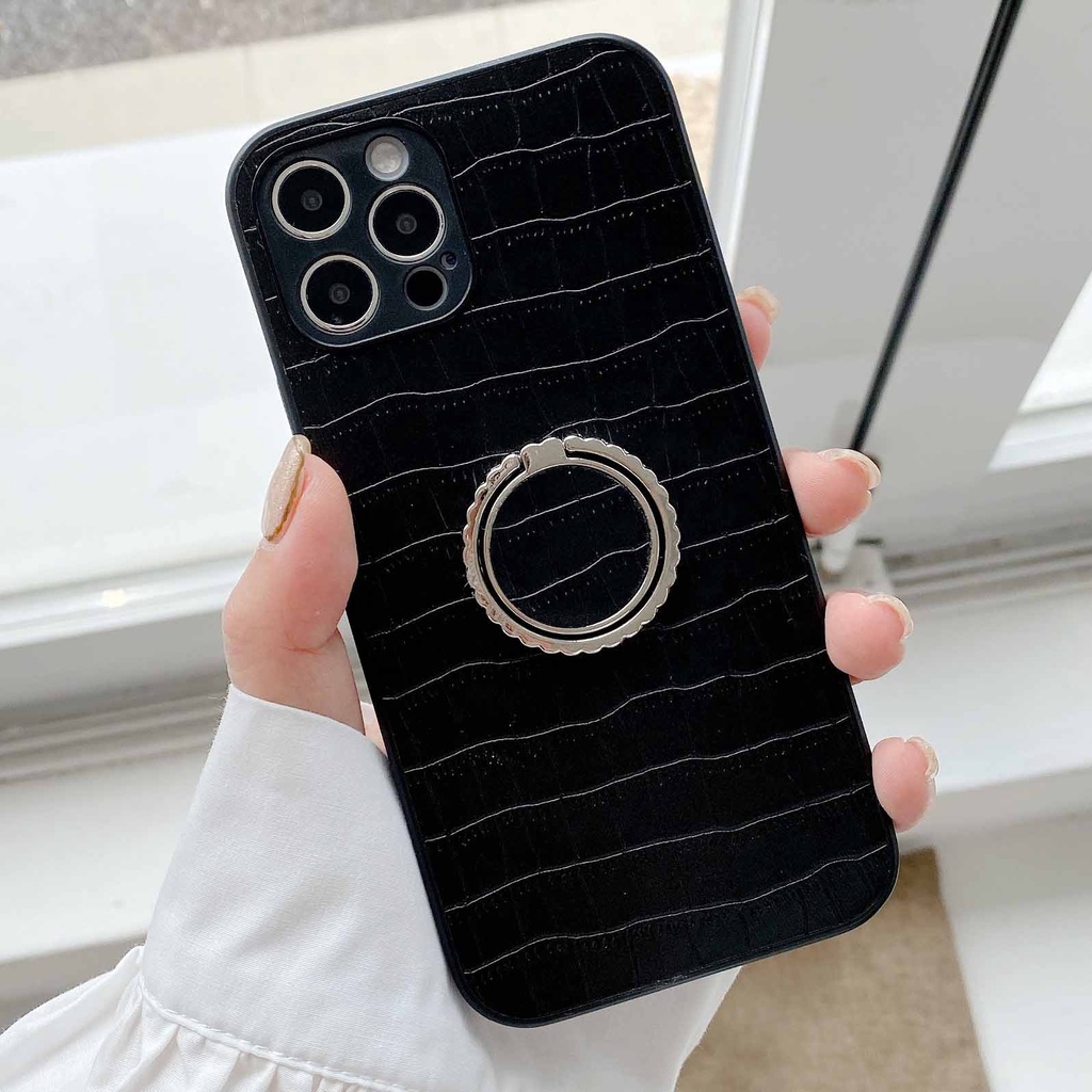 Ốp Điện Thoại Vân Da Cá Sấu Màu Xanh Lá / Đen Gắn Nhẫn Đỡ Cho iPhone 13promax 12 11 xsmax xr xs 7P