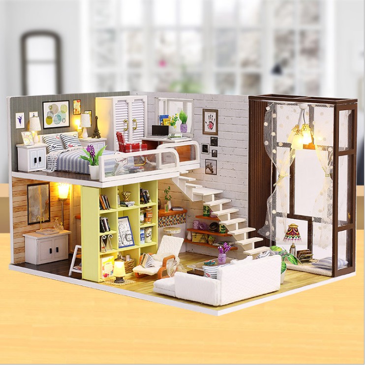 Mô hình nhà DIY Doll House Contracted City Kèm Mica chống bụi, Bộ dụng cụ và Keo dán