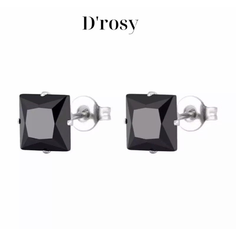 Khuyên tai nam bạc ta nguyên chất, bông tai nụ  đá vuông cỡ 3mm, 4mm,5mm,6mm màu trắng và đen