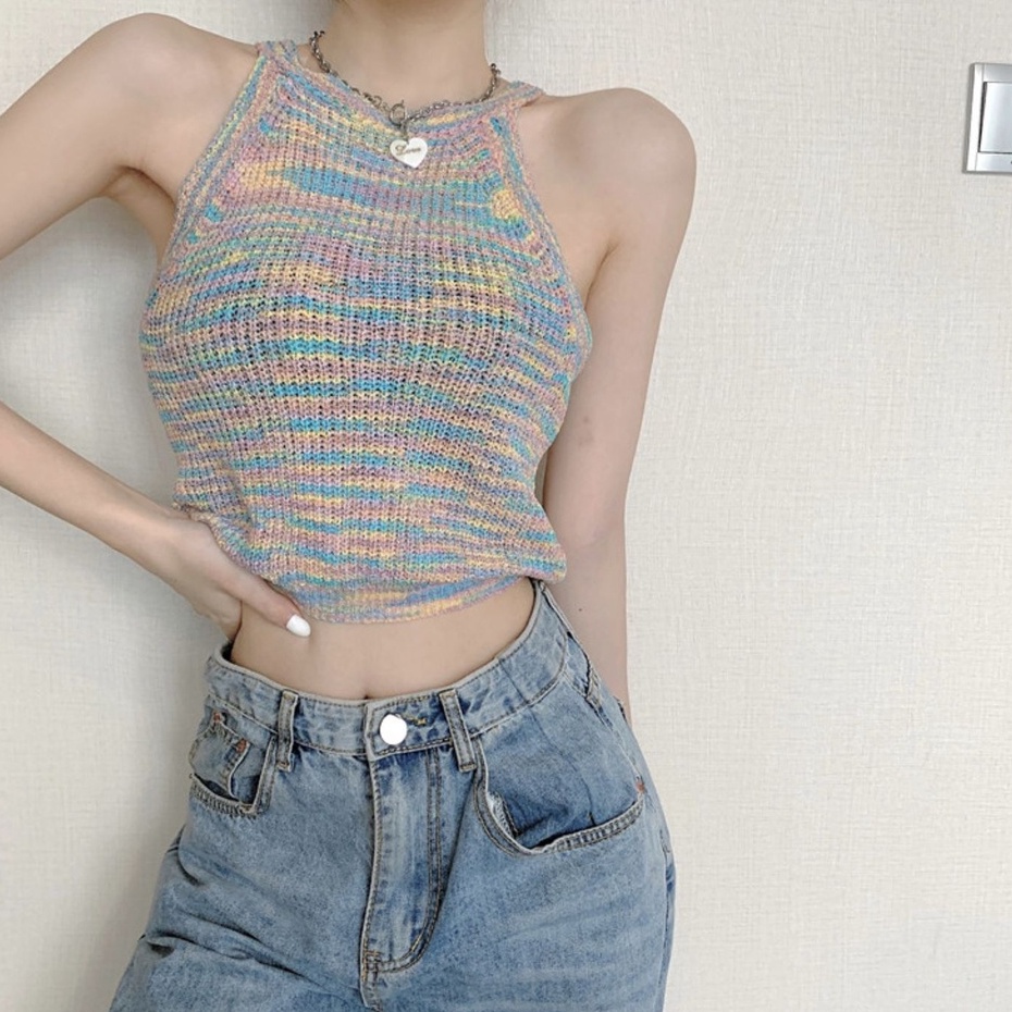 Áo Dệt Kim Không Tay Cổ Tròn Hở Vai Màu Sắc Thời Trang Mùa Hè Dành Cho Nữ
