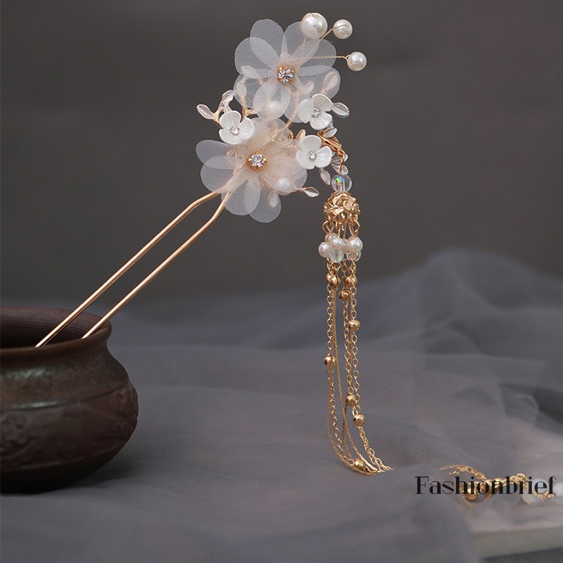 Trâm cài tóc hình bông hoa đính ngọc trai giả và pha lê phong cách thanh lịch dành cho nữ