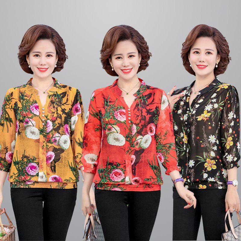 Áo Trung Niên MAI THY 669, Mẫu Áo Kiểu Nữ Hoa Mẫu Đơn Voan 2 Lớp Cổ Đức Trang Nhã | Thời Trang Trung Niên U40