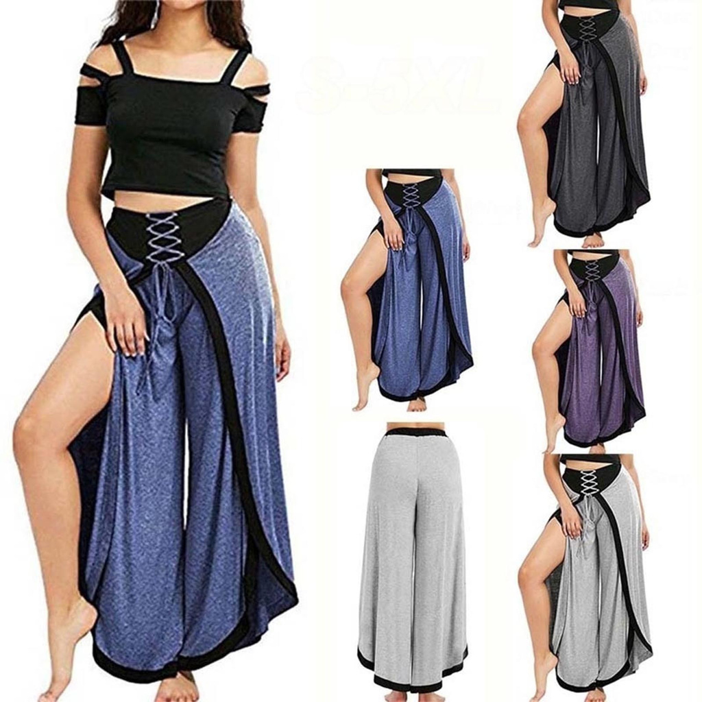 Women Sexy Wide Leg Pants Lace Up Loose High Waist Palazzo Flared Trousers