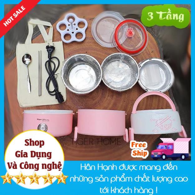 Hộp Cơm Hâm Nóng và Nấu Cơm 3 Tầng, Cao Cấp Tặng kèm Túi Xách, Bộ Đũa Thìa bh 1 đổi 1 model 2021