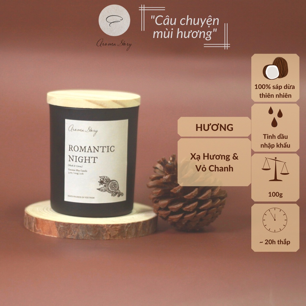 Nến Thơm Trang Trí, Cao Cấp, Tự Nhiên Aroma Story Hương Xạ Hương Và Vỏ Chanh Romantic Night Size 100g