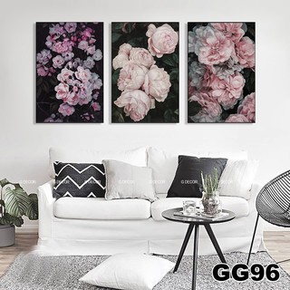 Tranh treo tường canvas 3 bức phong cách Bắc Âu 96, tranh hoa mẫu đơn trang trí phòng khách, phòng ngủ, phòng ăn, spa