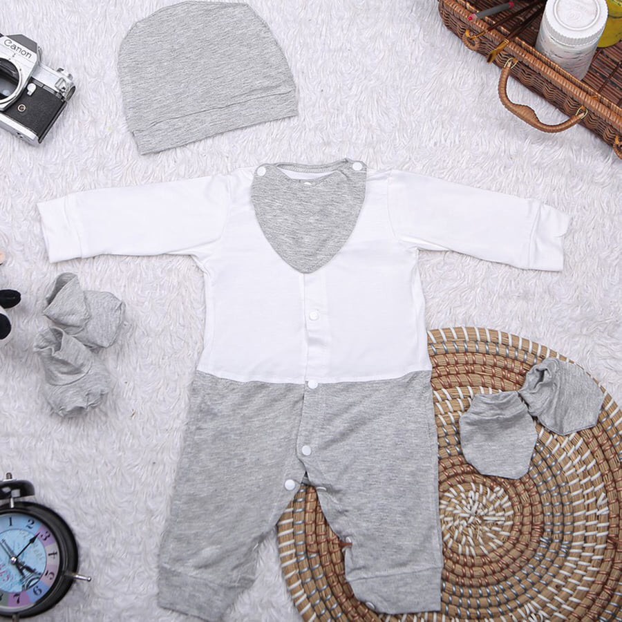 Bodysuit Cho Bé Body Liền Thân Dài Tay Cho Bé 5 Chi Tiết Kèm Mũ, Yếm, Set Bao Tay Chân