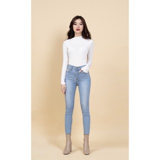 Quần jean nữ lưng cao skinny xanh bạc trơn ống dài 7CELEB - JT025