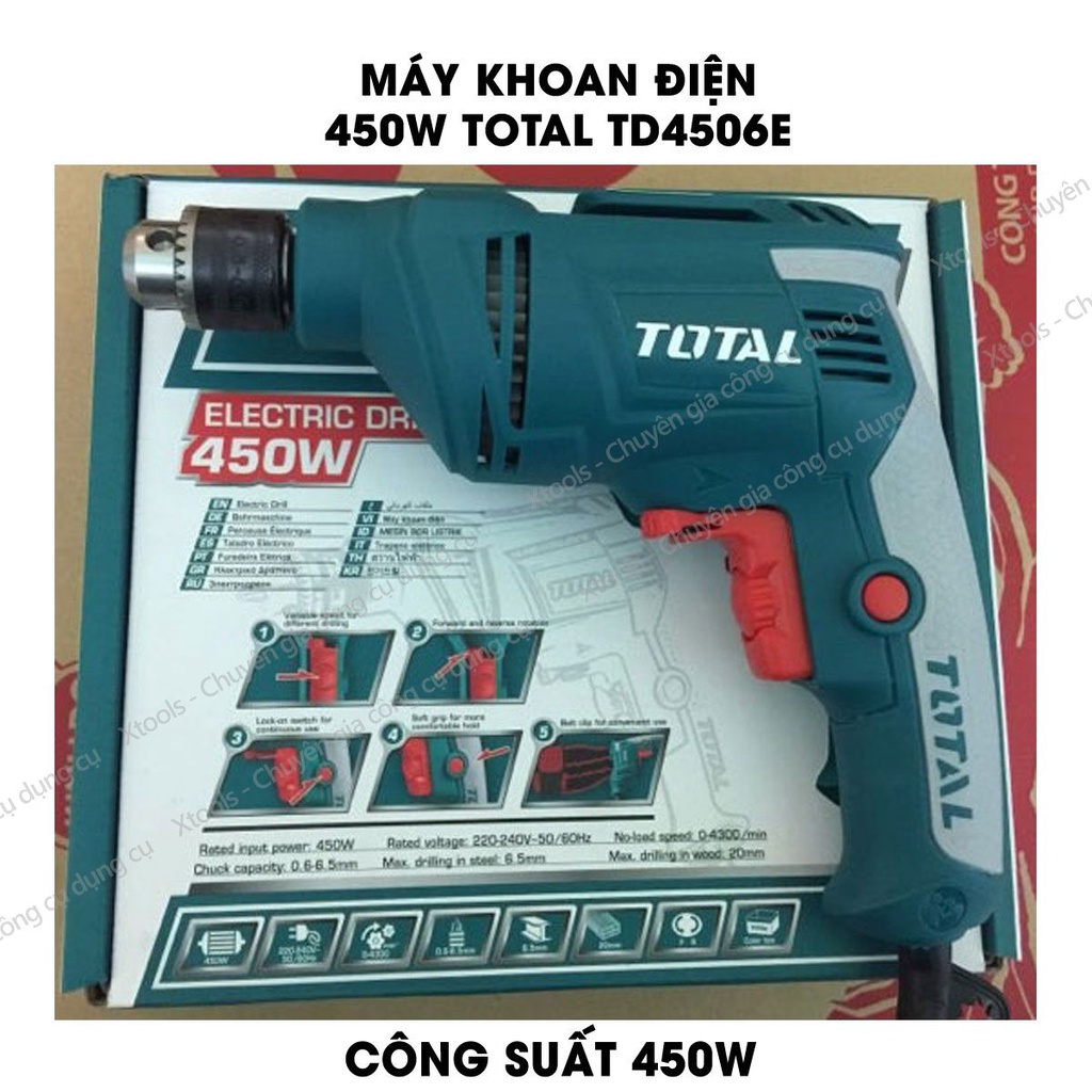 Máy khoan cầm tay TOTAL TD4506E công suất 450w, tốc độ 3200rpm, đầu khoan 6.5mm, khả năng khoan sắt 6mm, khoan gỗ 20mm,