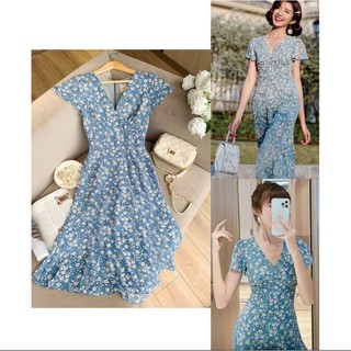 Đầm maxi hoa cổ tim blue