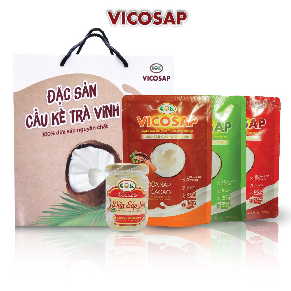 Combo 4 Sản Phẩm Vicosap tặng kèm túi, Kẹo dừa sáp Nguyên Chất+Kẹo dừa sáp Lá Dứa+Kẹo dừa sáp Cacao+Dừa Sáp Sợi 220ml