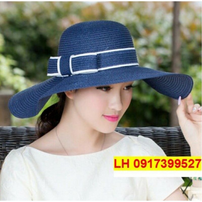 Nón rộng vành đi biển đẹp mũ cói nơ viền trắng cho nữ