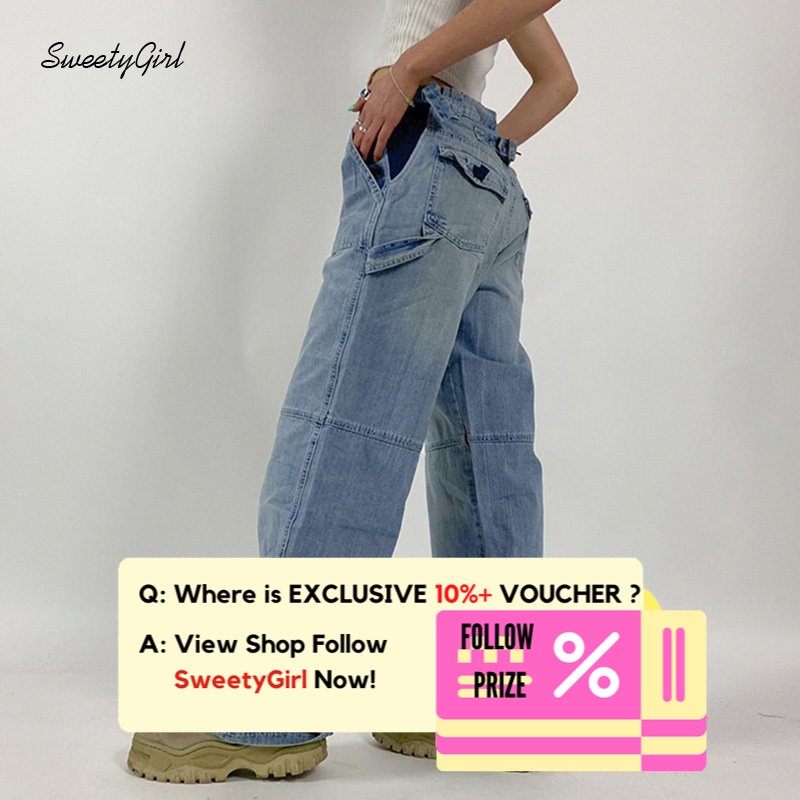 Quần Jean Dài Dáng Rộng Lưng Thấp Màu Trơn Phối Túi Thời Trang 2022 Cho Nữ