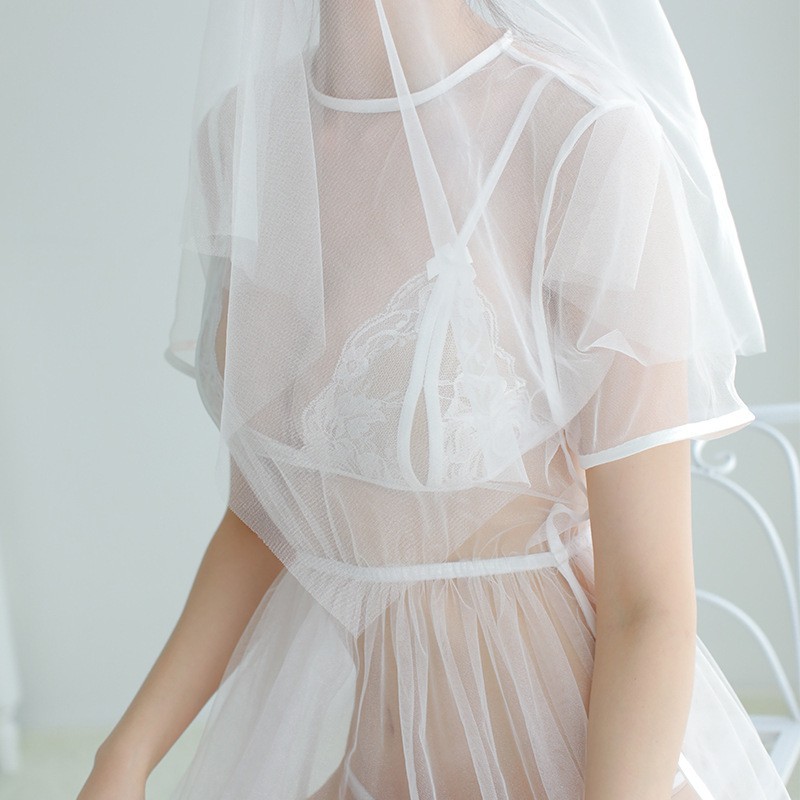 Đầm ngủ cosplay cô dâu dáng xòe gợi cảm - chất liệu voan trong suốt. Fullset gồm váy + Setbikini + khăn chùm đầu - CD001