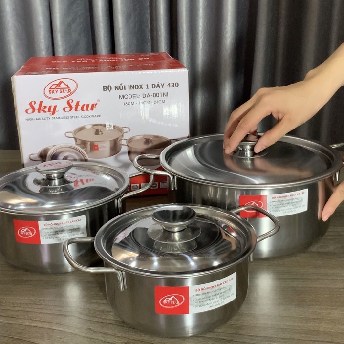 Nồi 3 đáy Sandwich inox 430 Elegan bếp từ size 20cm - Bộ nồi 3 món Inox 1 Đáy SKY STAR 430 1D-NI 16-18-24cm