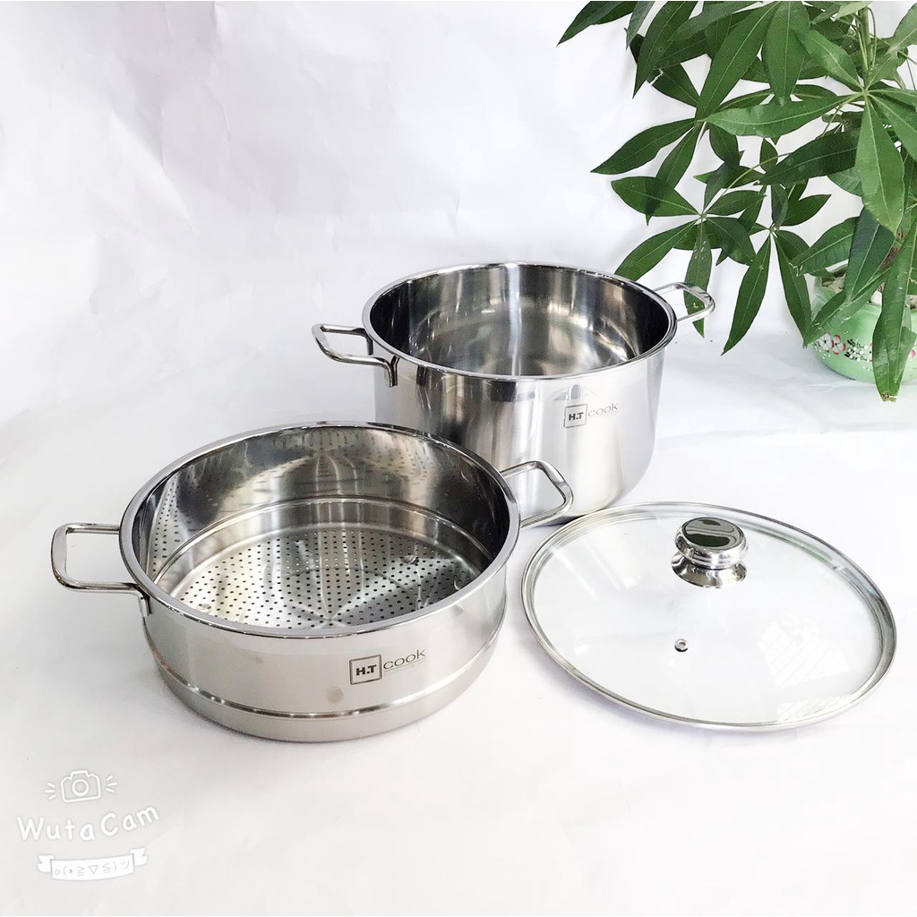 Bộ Nồi Hấp INOX HT COOK 2 Tầng Vung Kính Dày Đep Tiện Lợi - Nồi Hấp Đa Năng - Nồi Hấp 2 Tầng