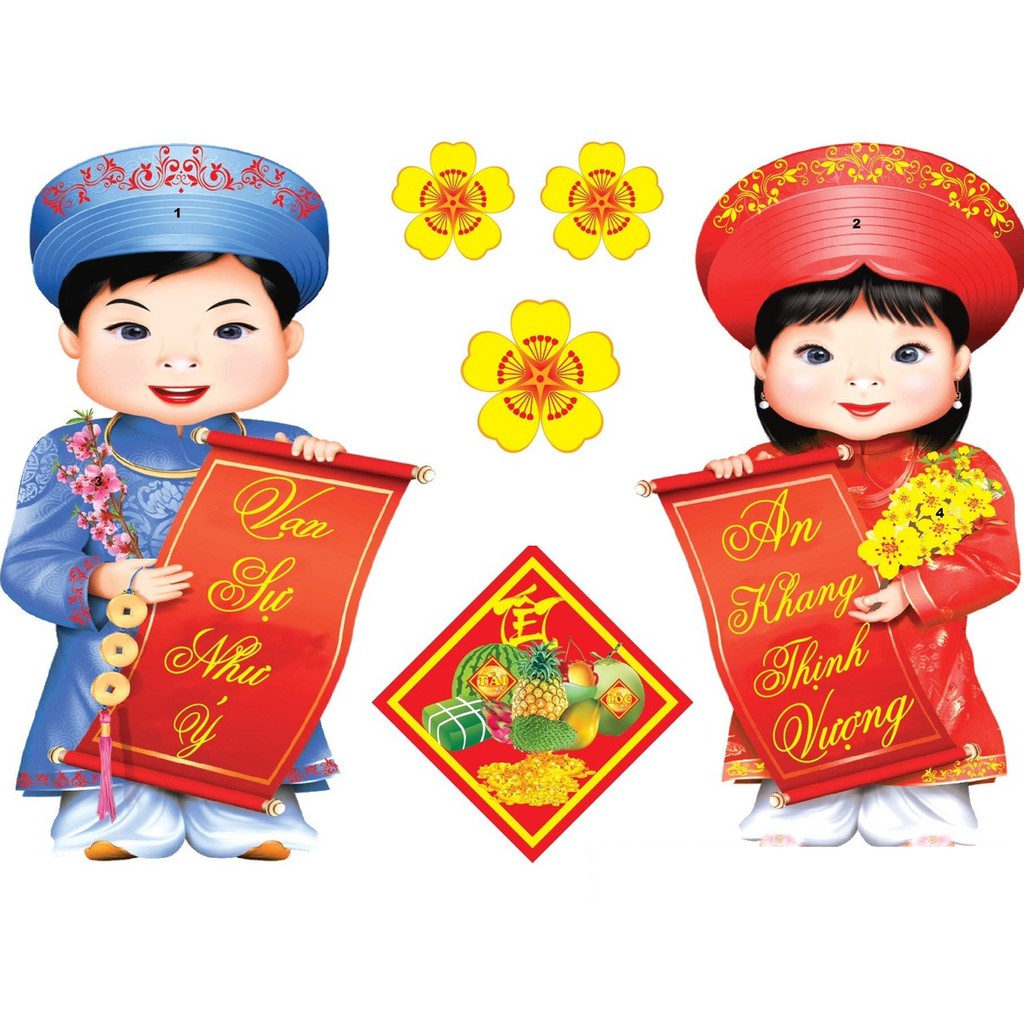 Decal trang trí tết BÉ CHÚC TẾT MẪU 26 (kèm họa tiết nổi)