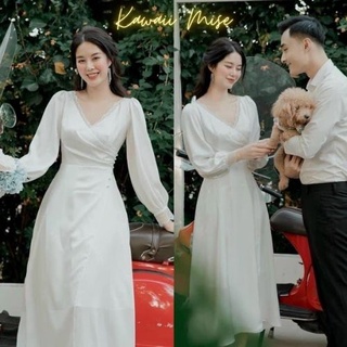 Váy trắng nữ váy cô dâu đầm dự tiệc tiểu thư công chúa đẹp cổ điển sang trọng, nhẹ nhàng lụa cao Kawaii MiseTHV9