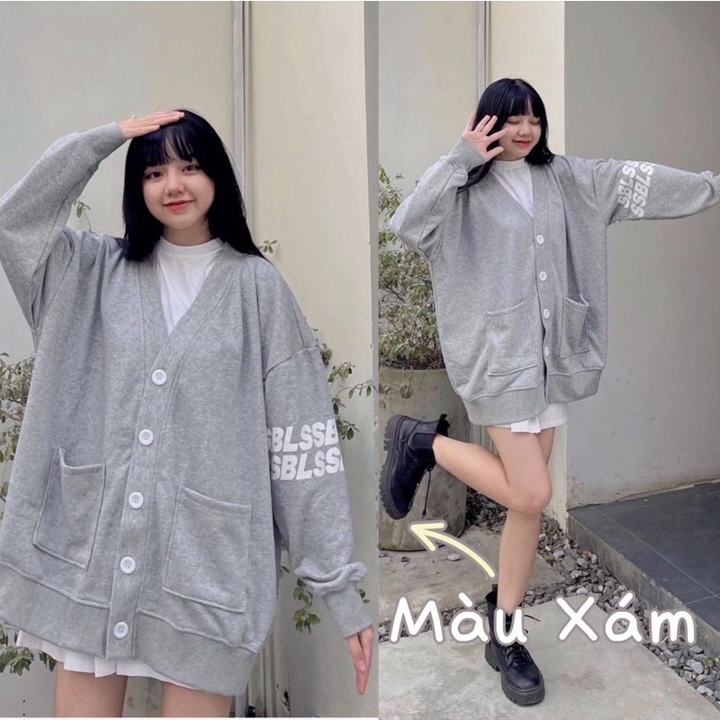 Áo Khoác, áo Cardigan Xám Đen SBLS ngang Cúc Cài Nữ