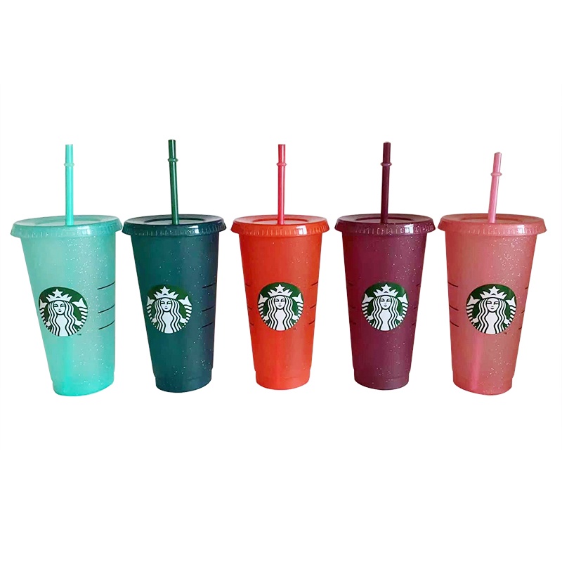 STARBUCKS Bộ 1 hoặc 5 ly nhựa có nắp và ống hút 24 fl oz lấp lánh tái sử dụng được làm quà tặng