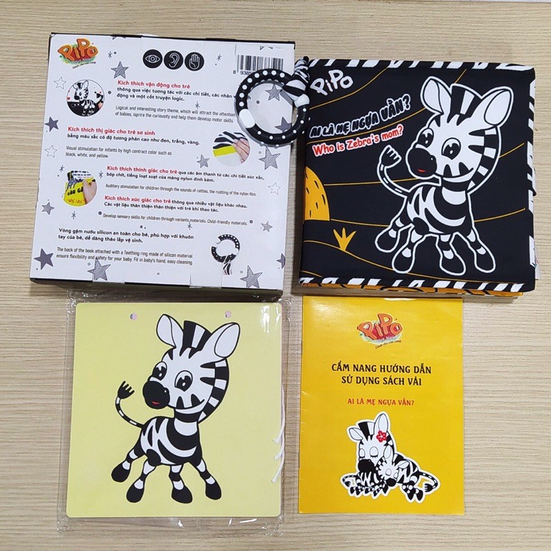Sách vải song ngữ Pipo Ai là mẹ Ngựa vằn Đồ chơi cho bé chơi mà học kích thước 19x19 cm