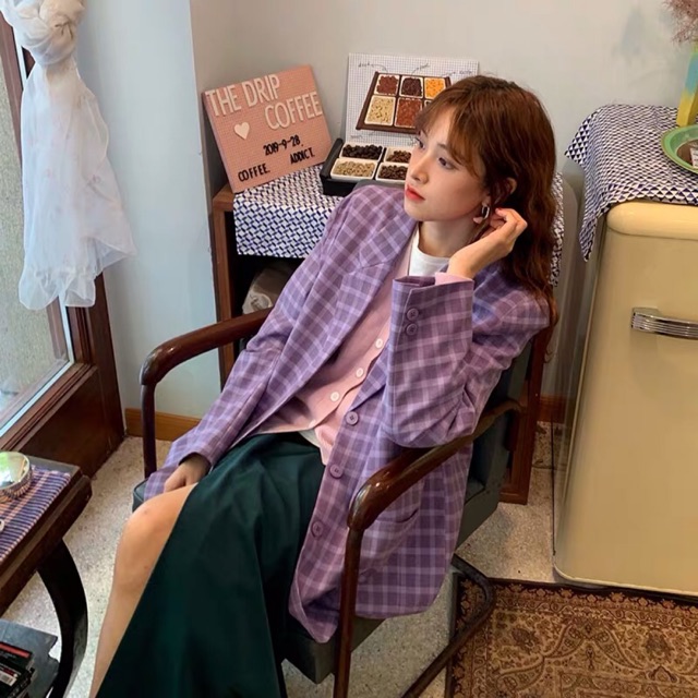 [ORDER] Áo Blazer kẻ caro Tím phong cách Hàn Quốc(ẢNH THẬT, FEEDBACK KHÁCH XINH ĐẸP ở cuối)