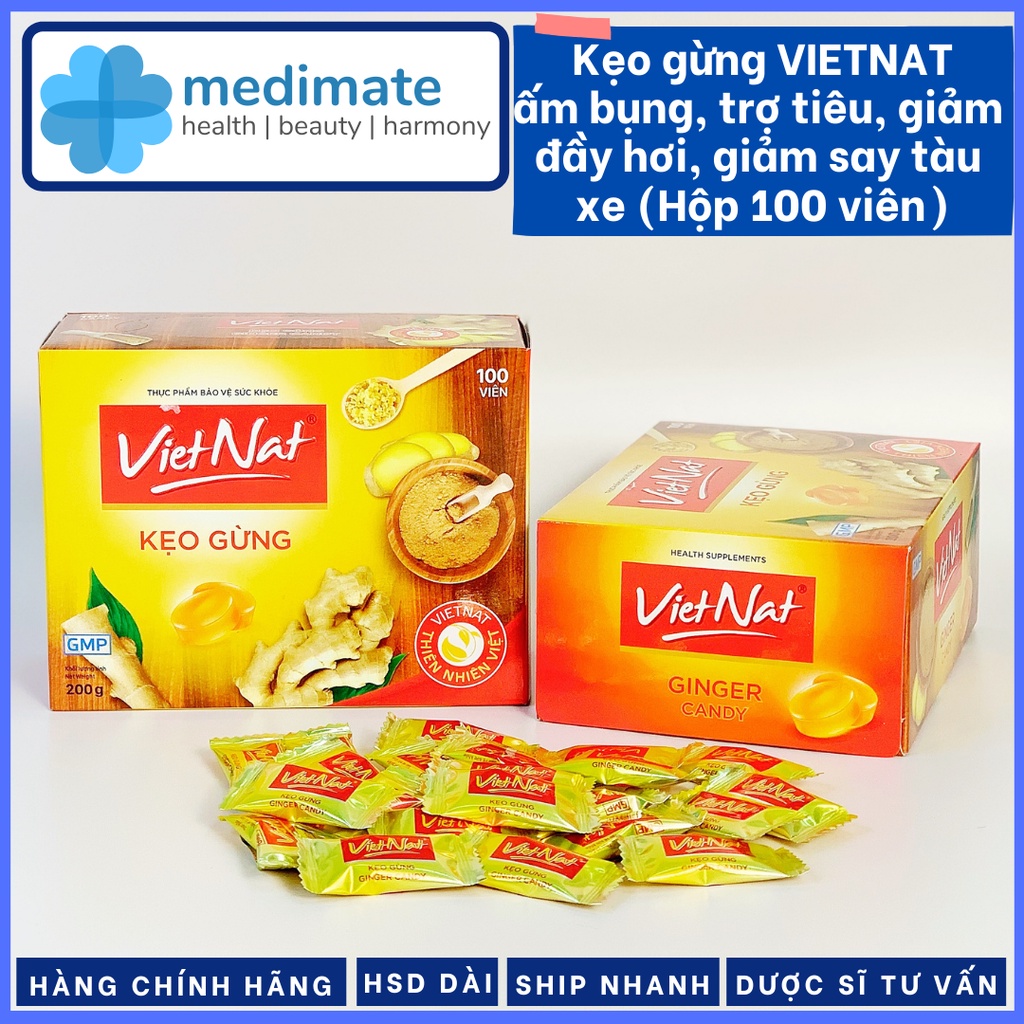 Kẹo gừng VIETNAT giúp ấm bụng, giảm nôn, giảm khó tiêu, trợ tiêu hóa (Hộp 100 viên)