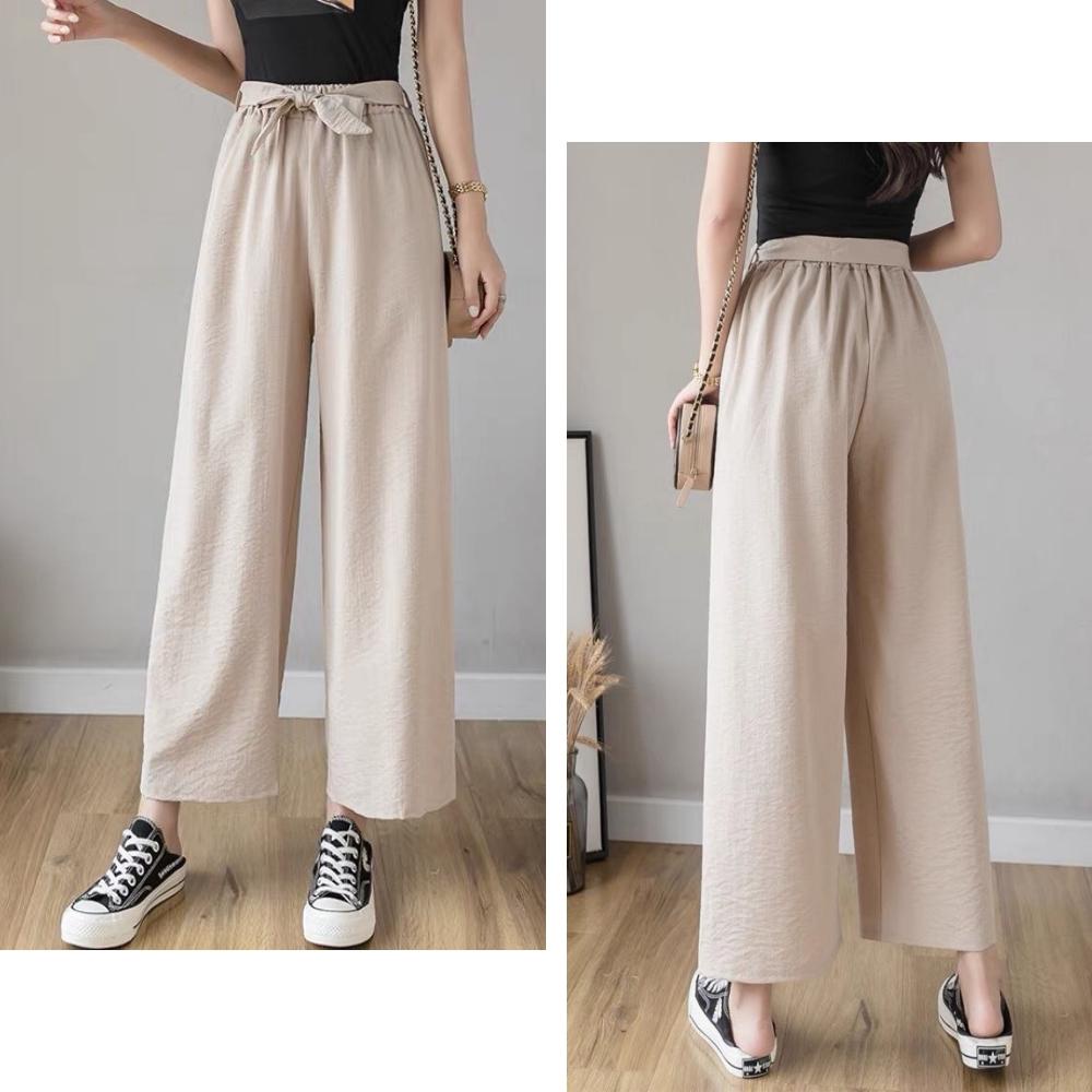 Quần dài lưng chun thắt nơ điệu đà chất đũi linen nữ hàng xuất dư cạp cao ống rộng tôn dáng có bigisze 80kg mặc ở nhà