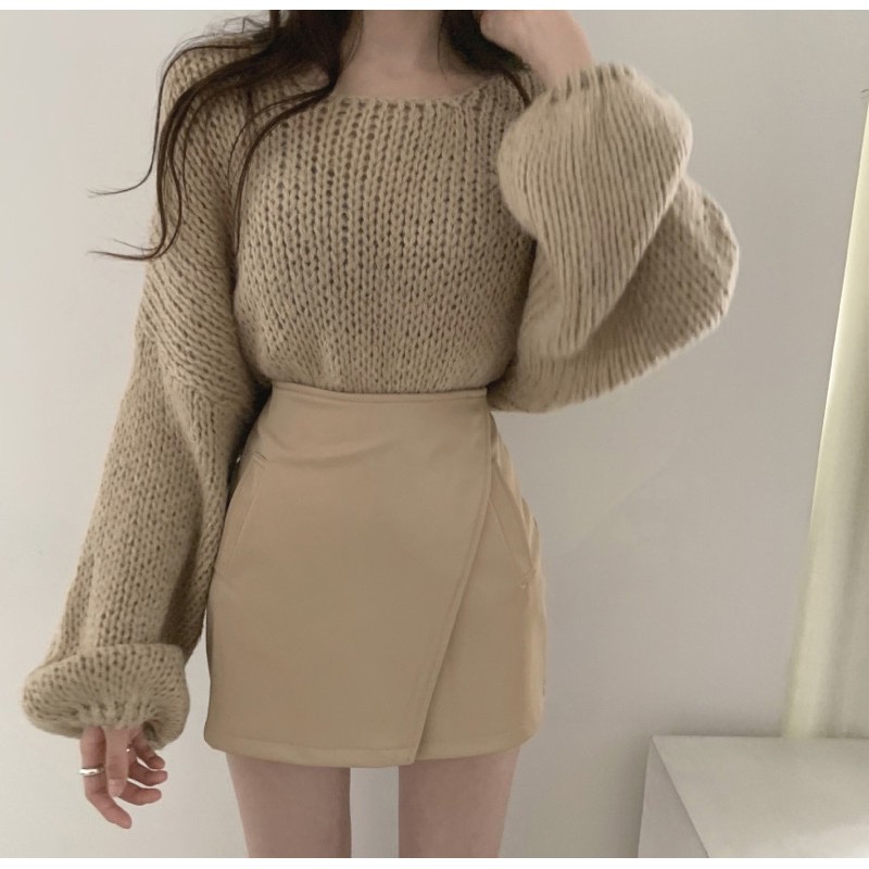 [Order taobao]( có tách set) Áo len tay phồng trơn basic dáng rộng và chân váy da style Hàn Quốc