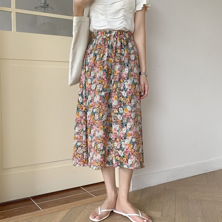 A-Line Skirt Floral Skirt Skirt Women's Summer Mid-Length High Waist Slimming Chiffon  A Fairy Dress D147 | BigBuy360 - bigbuy360.vn