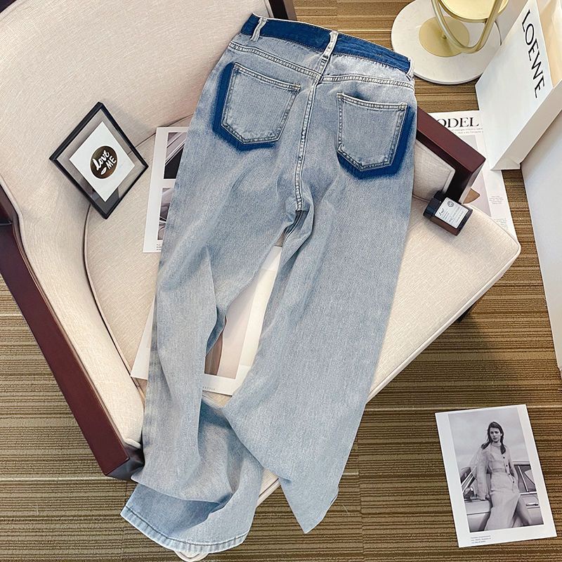Jiashucheng Quần Jean Nữ Ống Rộng Lưng Cao Màu Sắc Tương Phản Thời Trang Mùa Hè