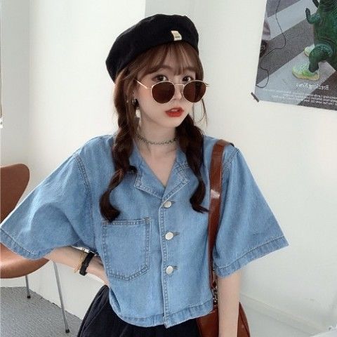 France women's thin summer denim shirt 2020 new design suitable short-sleeved shirt loose top