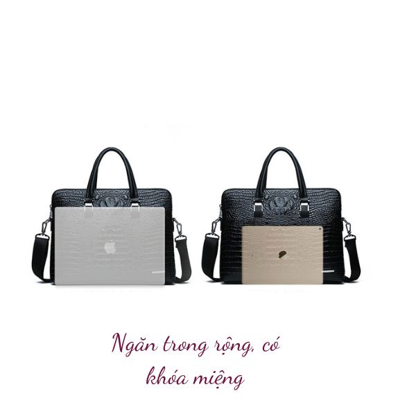 Cặp Đựng Da Nam chất liệu Da Bò Dập vân cá sấu Màu đen