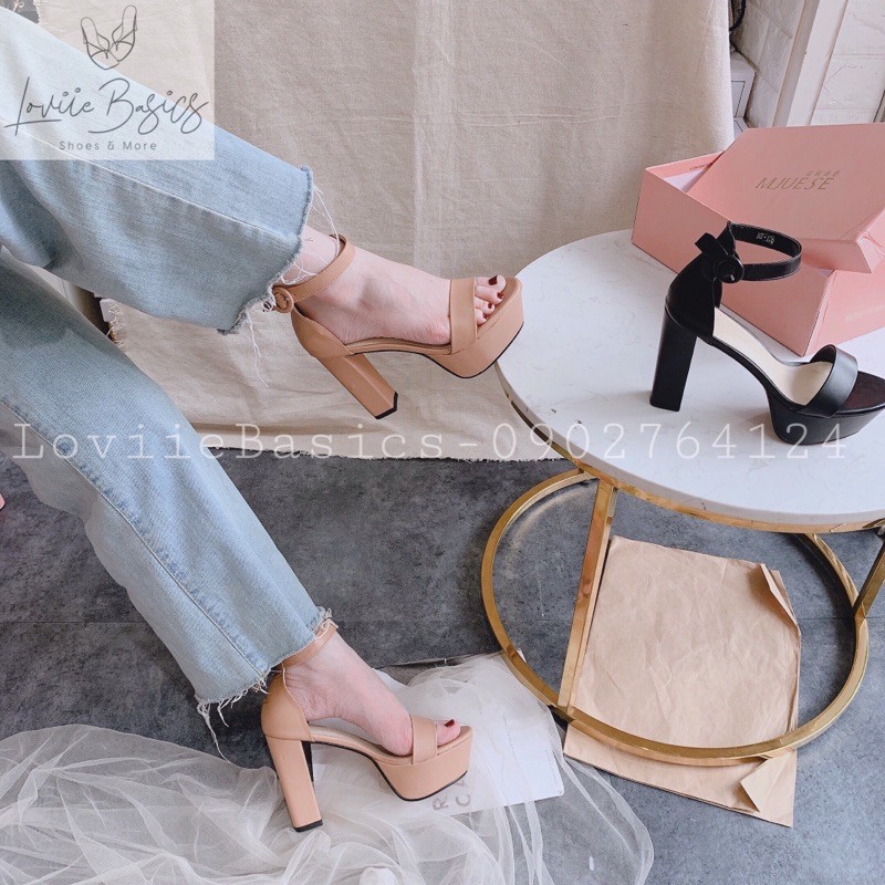 LOVIIEBASICS - GIÀY SANDAL NỮ CAO GÓT THỜI TRANG ĐẾ VUÔNG QUAI NGANG ĐẾ ĐÚP 11CM MÀU ĐEN KEM - G201071