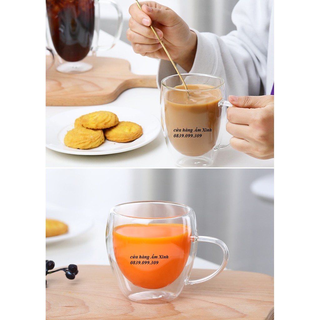 Cốc thuỷ tinh 2 lớp có quai để uống cà phê,trà,nước,chất lượng dày dặn,hai lớp cách nhiệt,decor bàn ăn đẹp