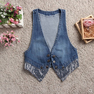 Áo Khoác Denim Không Tay Cổ Vest Thời Trang Cho Nữ