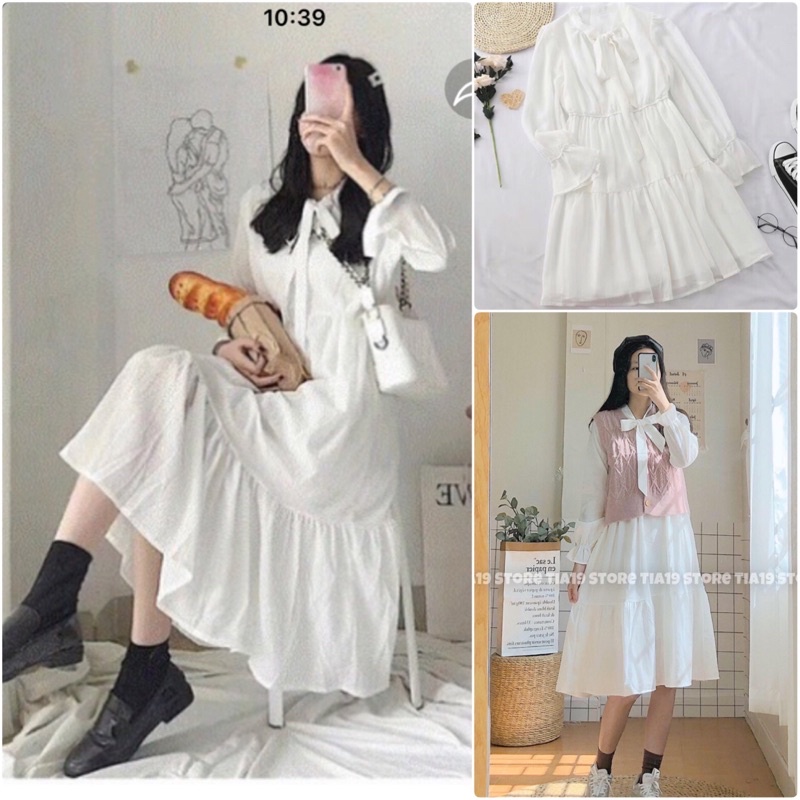 Váy babydoll tay nơ & cổ bẻ