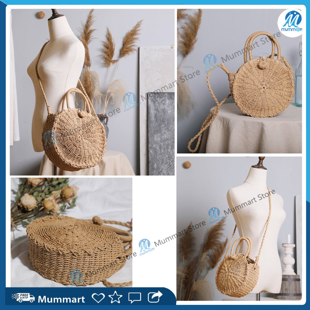 Túi cói vintage, túi cói tròn đi biển - Mummart