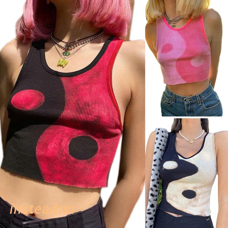 Áo croptop không tay màu sắc tương phản phong cách Harajuku thời trang mùa hè cho nữ
