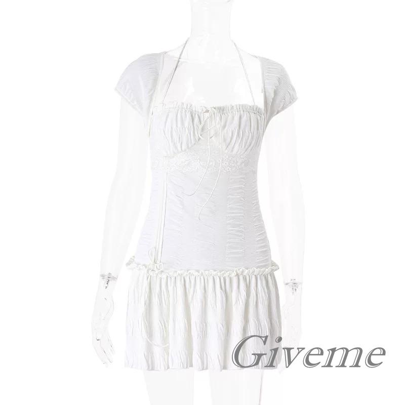 Đầm Ngắn Tay Ngắn Ôm Dáng Phối Dây Rút Màu Trắng Thời Trang Mùa Hè Quyến Rũ Cho Nữ