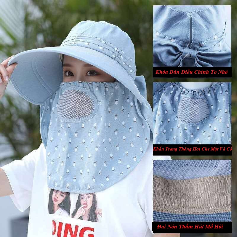 Nón Rộng Vành Nữ Che Nắng Kèm Khẩu Trang Jussy Fashion Kiểu Dáng Mũ Chống Nắng Che Full Mặt Và Cổ Chất Vải Thoáng Mát