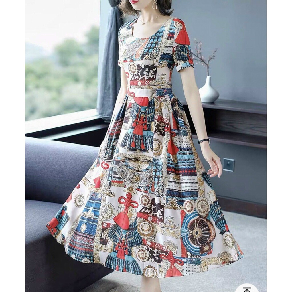 Đầm Xoè Vintage Hoạ Tiết Cổ Tròn| Váy Đầm Dáng Xòe Xinh Xắn | BigBuy360 - bigbuy360.vn