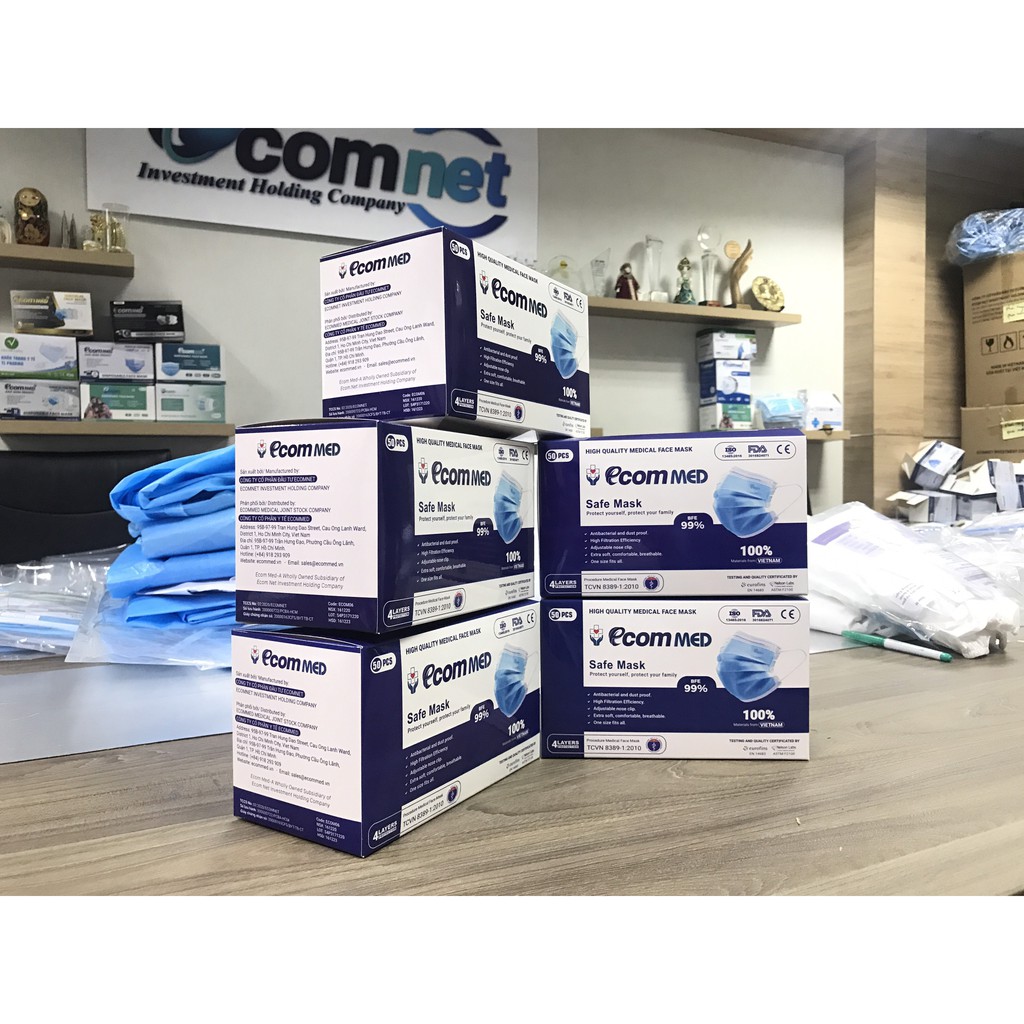 Combo 3 Hộp Khẩu Trang Y Tế EcomMed (2 Hộp 4 Lớp và 1 Hộp Trẻ Em) Thông Thoáng Không Đau Tai - Đạt chuẩn FDA