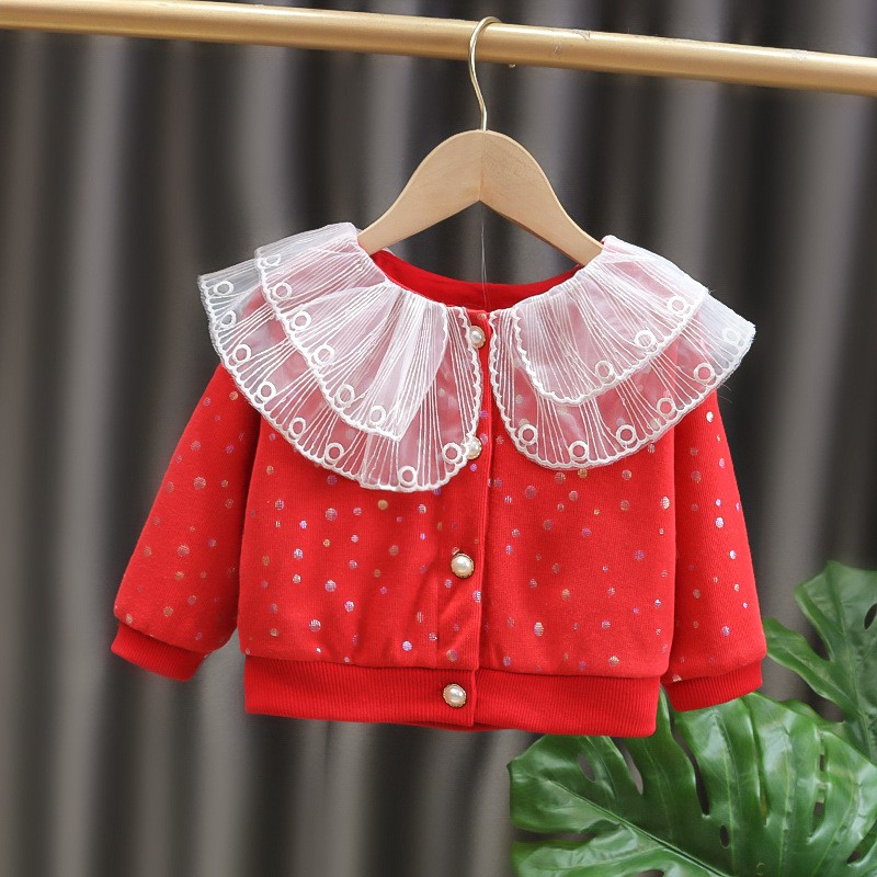 Áo khoác bé gái size 6-16kg họa tiết chấm bi phối cổ ren điệu đà  AK25