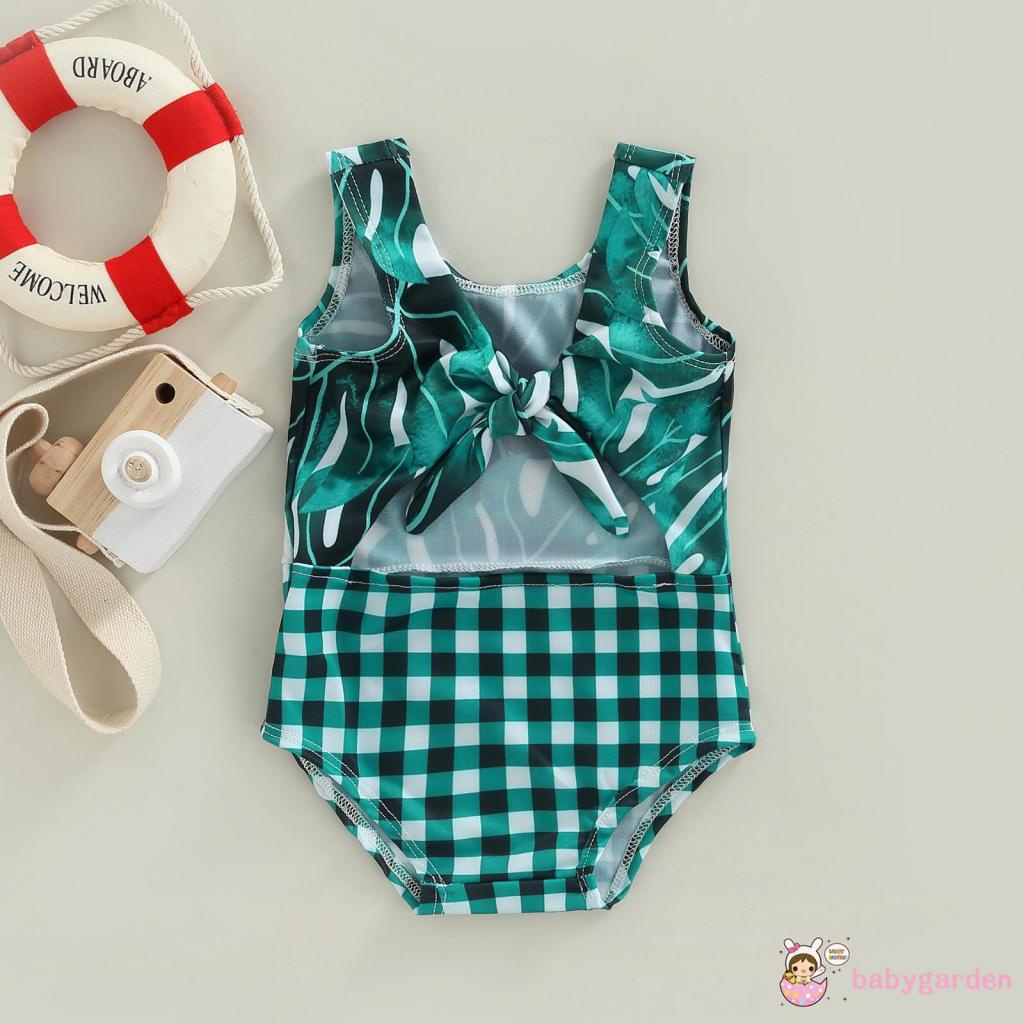 Bộ Đồ Bơi Một Mảnh Không Tay Cổ Chữ V In Họa Tiết Lá/Lá/Kẻ Sọc Ca Rô Thời Trang Mùa Hè Cho Bé Gái Từ 6 Tháng Đến 4 Tuổi