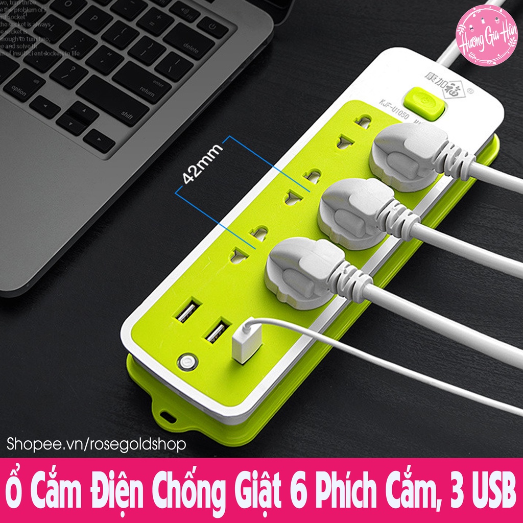 Ổ Cắm Điện Chống Giật 6 Phích Cắm, 3 Cổng USB, Phù Hợp Mọi Loại Phích Cắm, Nút Nguồn An Toàn Cho Trẻ Nhỏ