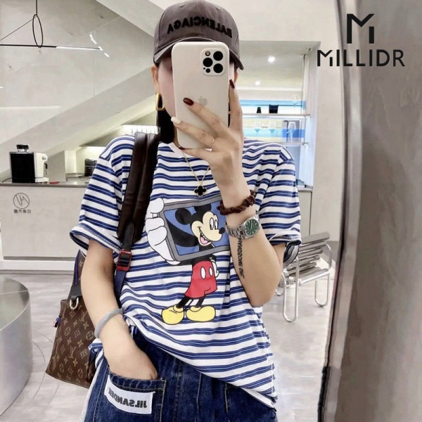 Áo Thun Tay Ngắn Kẻ Sọc In Hoạt Hình Mickey Kiểu Hàn Quốc Dễ Thương Cho Nữ