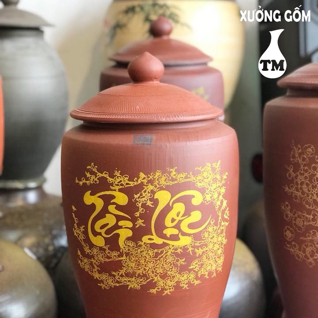 Hũ đựng gạo Xưởng Gốm TM Bát Tràng màu nâu đỏ không tráng men chữ Tài Lộc nhiều kích thước