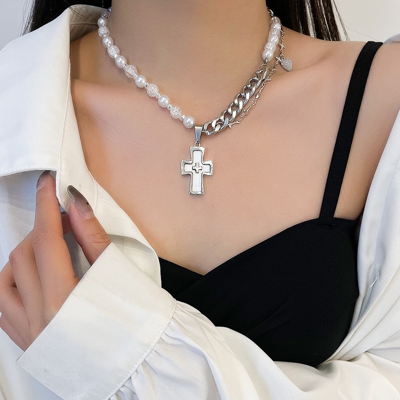 Vòng cổ Ngọc Trai Mặt Chữ Thập Phong Cách hip hop