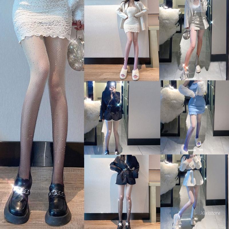 XIXI Quần Tất Lưới Lưng Cao Đính Đá Màu Gradient Quyến Rũ Thời Trang Cho Nữ